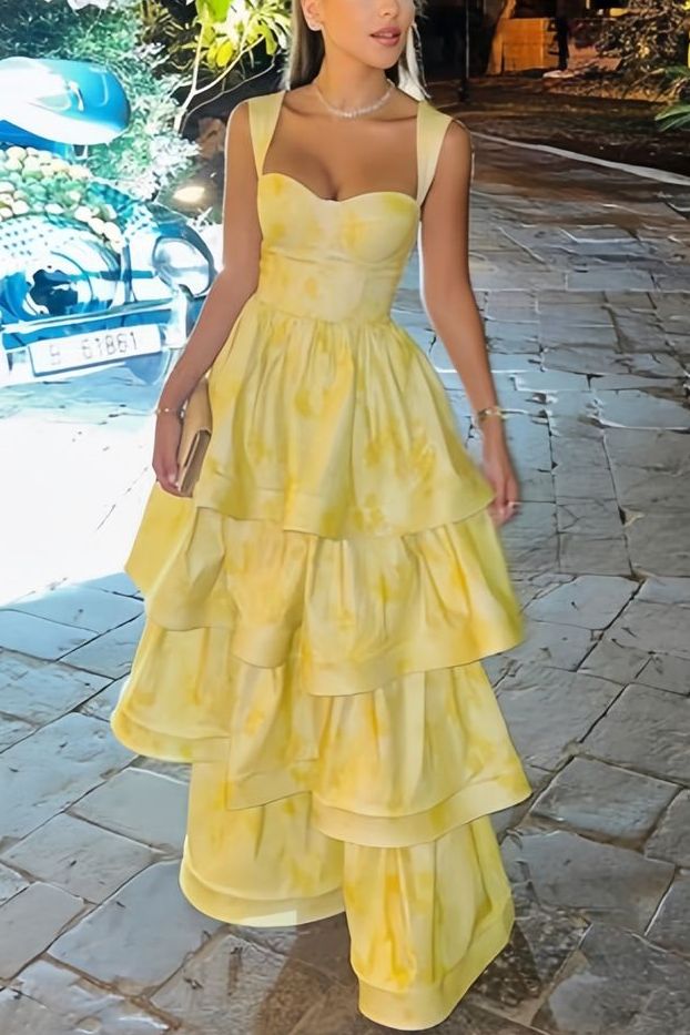 Yellow Printing A-Line Tiered Sleeveless Long Prom Formal Dress Main image
