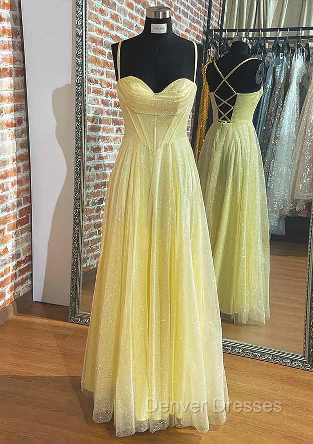 Yellow Prom Dress, A-line Sweetheart Spaghetti Straps Long/Floor-Length Tulle Prom Dress With Pleated Glitter Secondary image