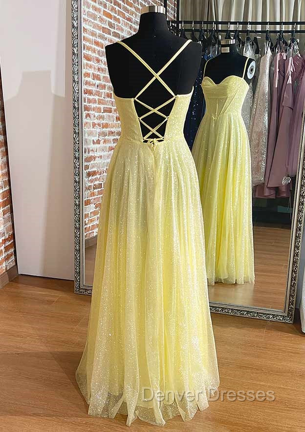 Yellow Prom Dress, A-line Sweetheart Spaghetti Straps Long/Floor-Length Tulle Prom Dress With Pleated Glitter