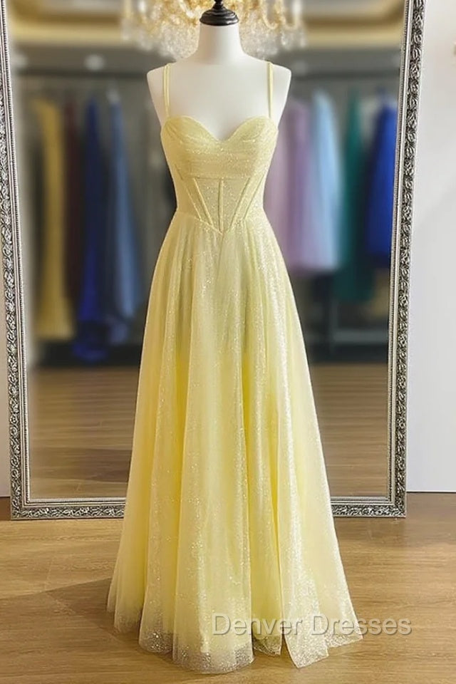 Yellow Prom Dress, A-line Sweetheart Spaghetti Straps Long/Floor-Length Tulle Prom Dress With Pleated Glitter