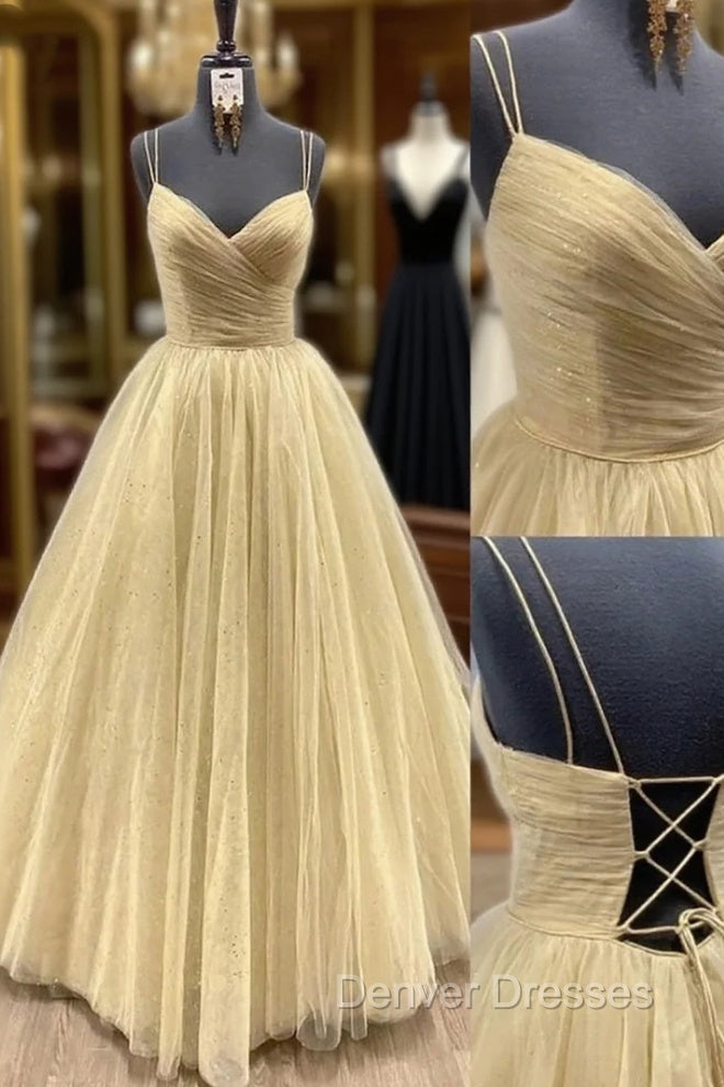 Yellow Prom Dress, V Neck Sleeveless Long/Floor-Length Tulle Ball Gown With Pleated Sequins