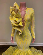Yellow Robe De Soiree Mermaid Long Sleeves Appliques Sequins Long Prom Dress Prom Gown Evening Dress