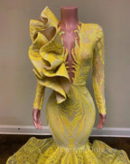 Yellow Robe De Soiree Mermaid Long Sleeves Appliques Sequins Long Prom Dress Prom Gown Evening Dress