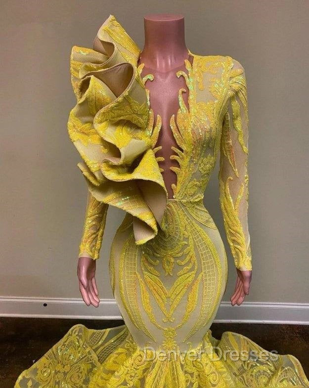 Yellow Robe De Soiree Mermaid Long Sleeves Appliques Sequins Long Prom Dress Prom Gown Evening Dress