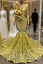 Yellow Robe De Soiree Mermaid Long Sleeves Appliques Sequins Long Prom Dress Prom Gown Evening Dress