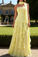 Yellow Ruffled Strapless Long Bridesmaid Dress with Streamer
