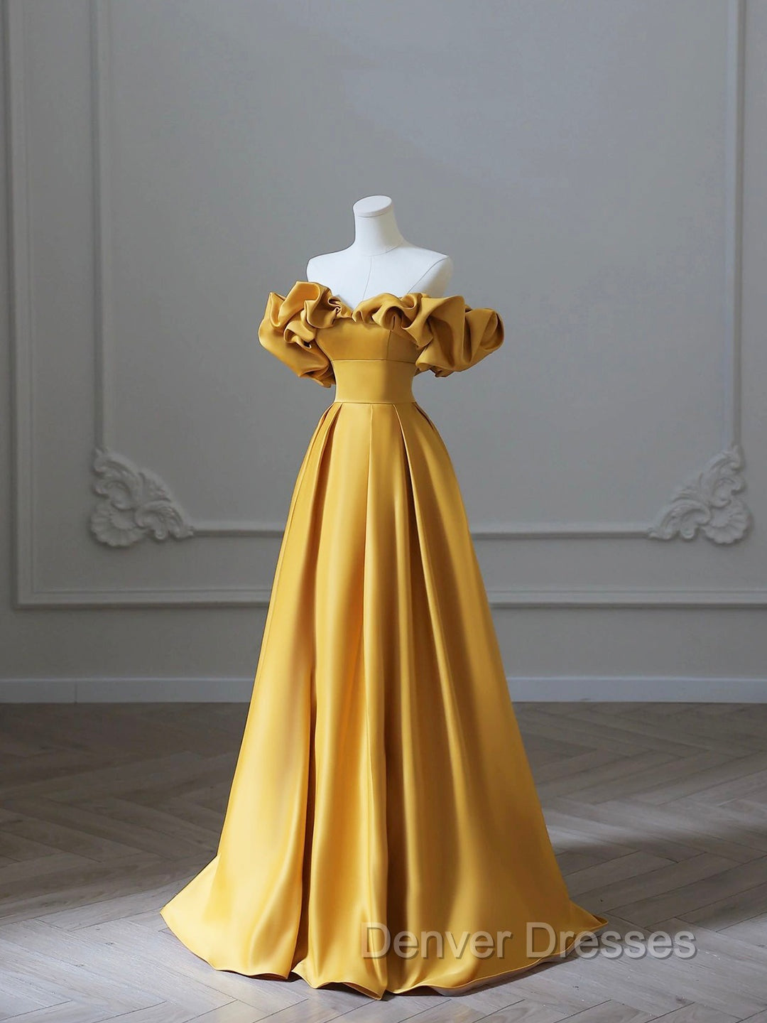 Yellow Saitn Long Prom Dress, Off Shoulder Evening Party Dress Secondary image