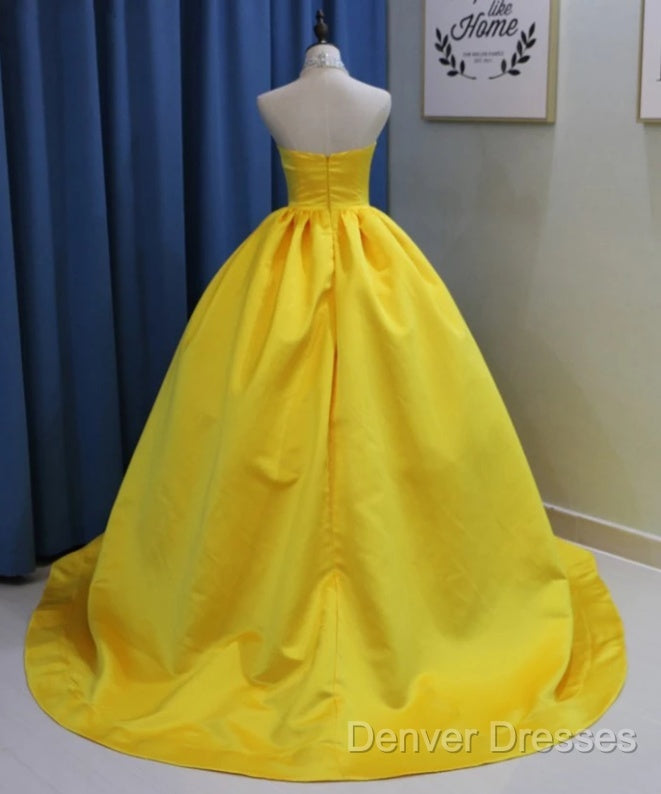 Yellow Satin Ball Gown Sweetheart Floor Length Prom Dress
