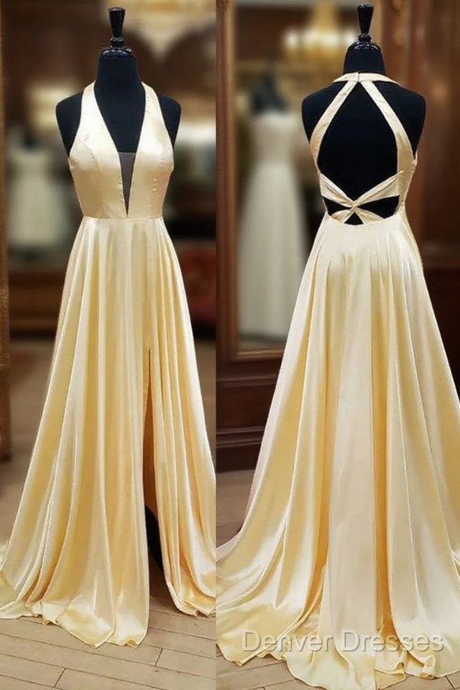 Yellow Satin Halter Backless A Line Prom Dress With Slit
