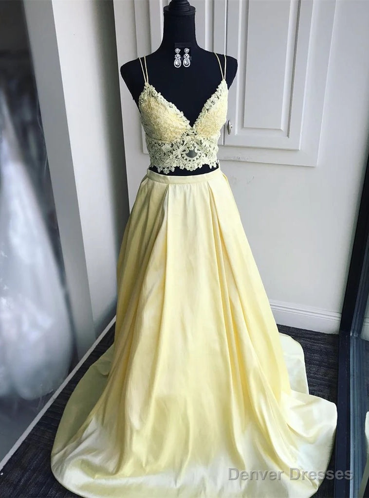 Yellow Satin Lace Two Piece Prom Dress Main image