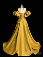 Yellow Satin Long Prom Dress, Off The Shoulder A-Line Evening Party Dress