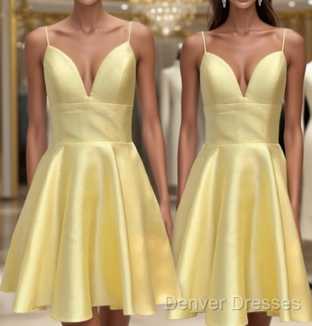 Yellow Satin Short Graduation Prom Dress ,Spaghetti Straps Homecoming Dress Main image