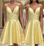 Yellow Satin Short Graduation Prom Dress ,Spaghetti Straps Homecoming Dress