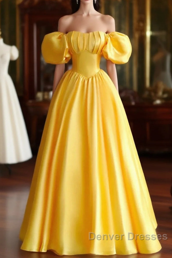 Yellow Satin Short Sleeves Party Dress, Yellow Satin Prom Dress Formal Dress Main image