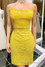 Yellow Sequins Backless Short Homecoming Dress