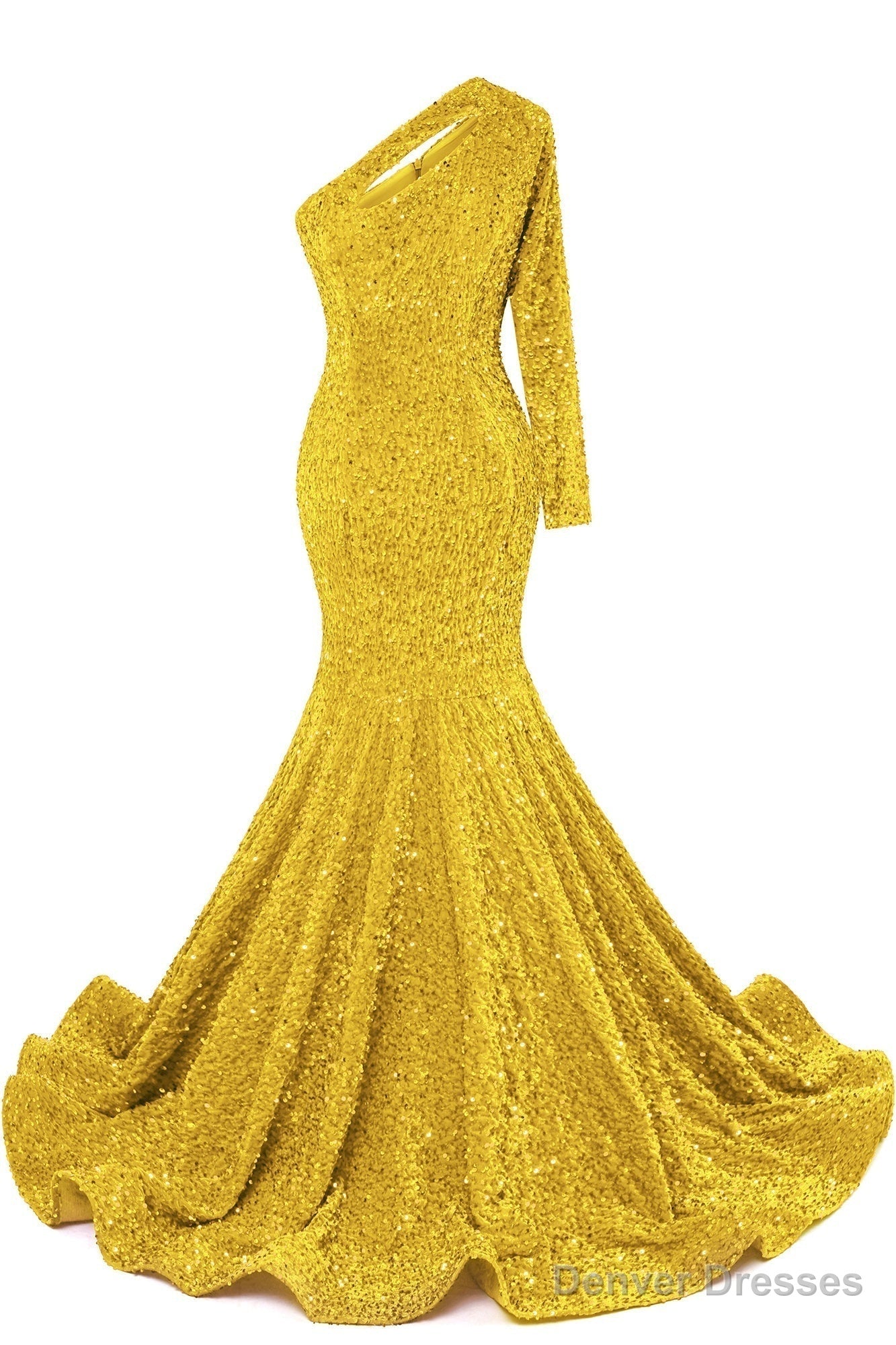 Yellow Sequins Mermaid Prom Dresses One Shoulder Evening Dresses Floor Length Wedding Party Gowns Main image