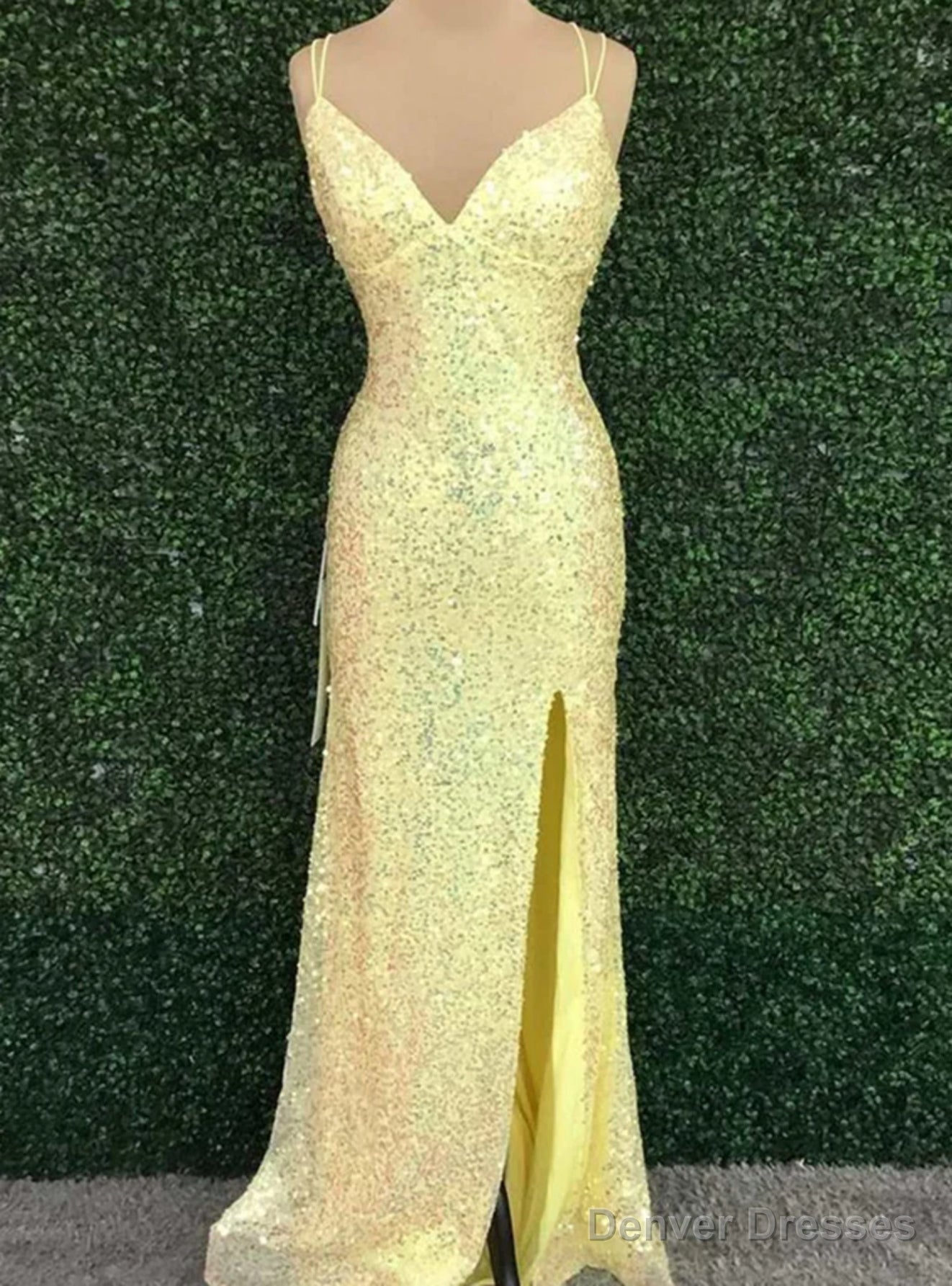 Yellow Sequins Spaghetti Straps Split Prom Dress Main image