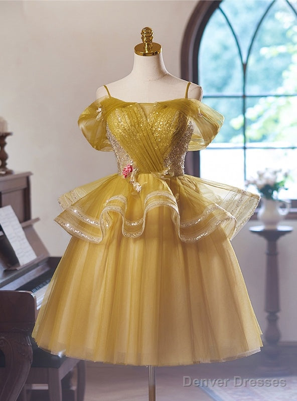 Yellow Sequins Tulle Spahghetti Straps Homecoming Dress Main image