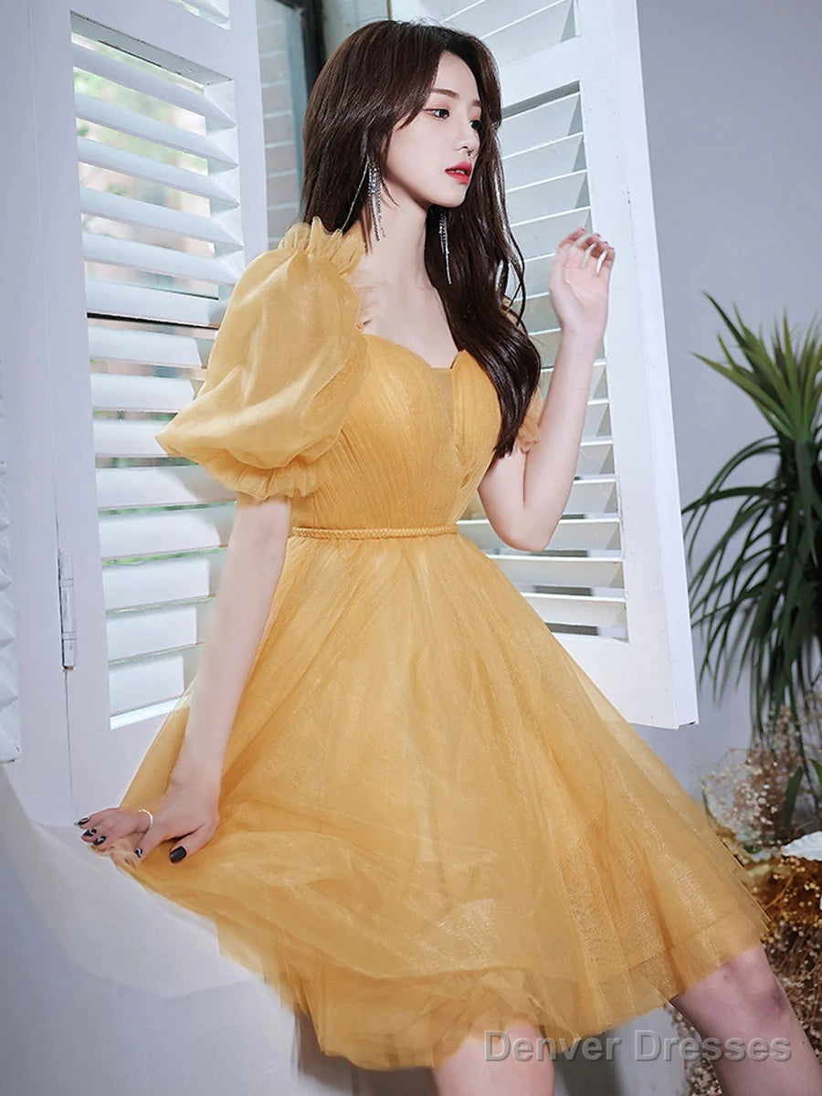 Yellow Short Sleeves Tulle Prom Dress, Yellow Homecoming Dress Secondary image