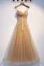 Yellow Spaghetti Straps Lace Long Prom Dress, A-Line Evening Party Dress
