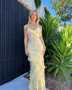 Yellow Spaghetti Straps Ruffle Long Prom Dress With Ruffles