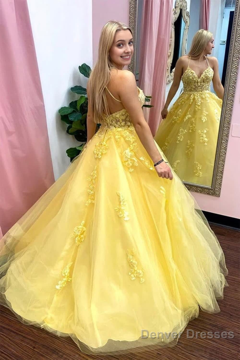 Yellow Spaghetti Straps Prom Gown Secondary image