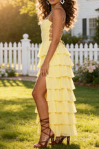Yellow Strapless Ruffle Prom Dress Tiered Skirt High Thigh Split Maxi Dress