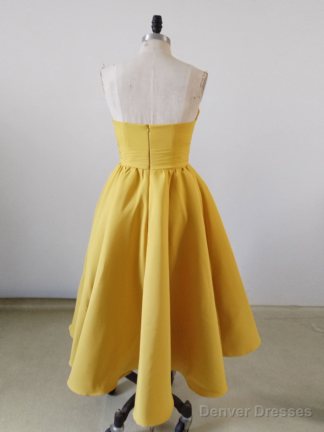 Yellow Sweetheart Neck Satin Tea Length Prom Dress, Yellow Formal Dress Secondary image