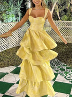Yellow Sweetheart Sleeveless Ruffle Floor Length Prom Dress Birthday Outfits