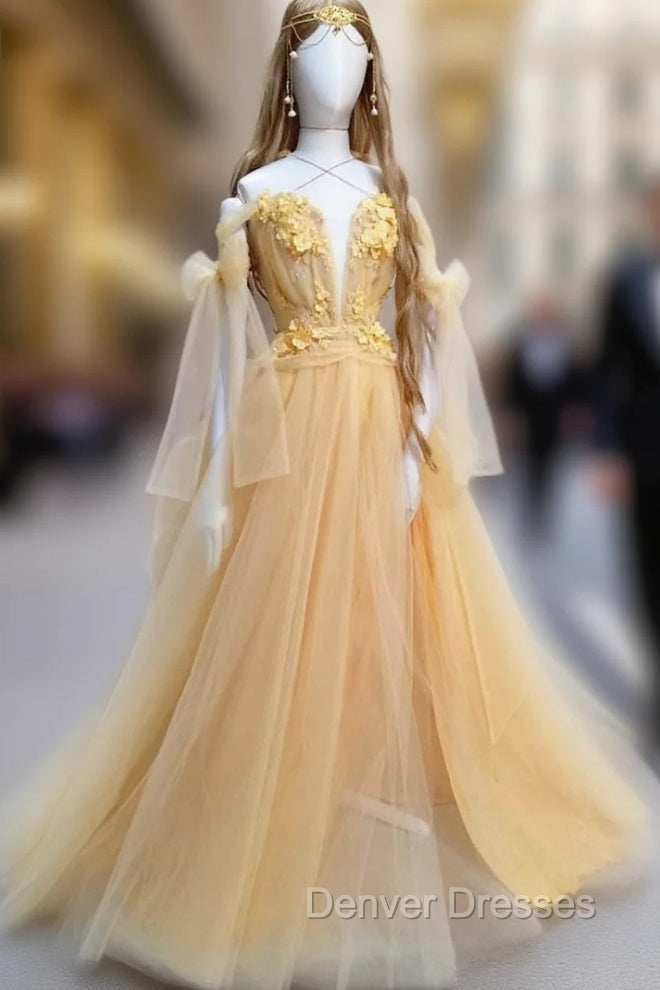 Yellow Sweetheart Tulle Lace Long Prom Dress Yellow Formal Dress