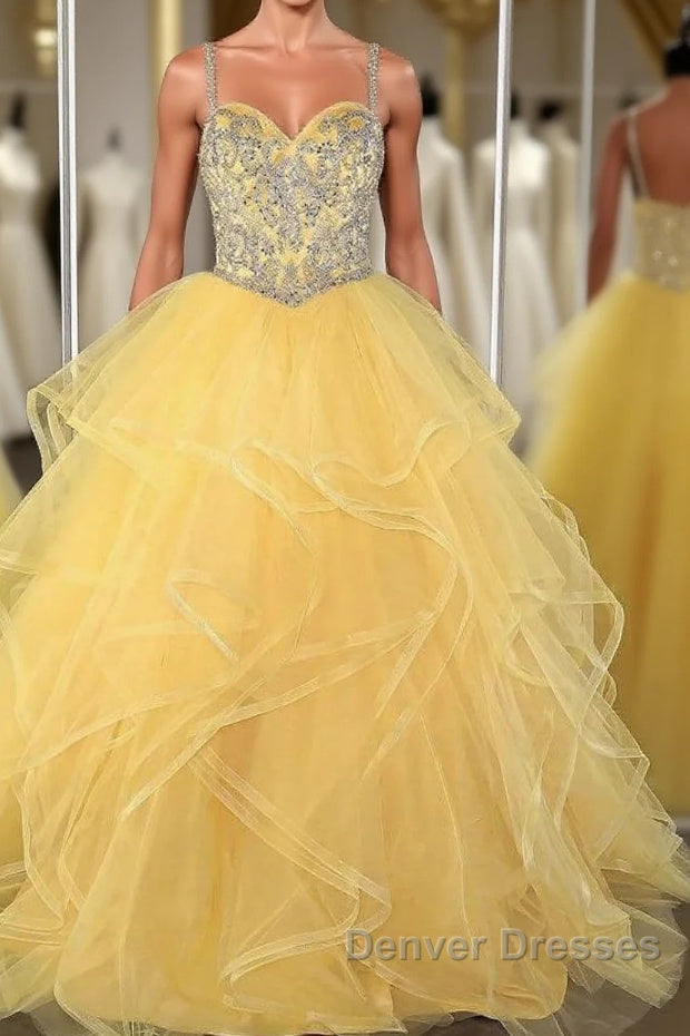 Yellow sweetheart tulle sequin long prom Dress, yellow evening Dress Main image