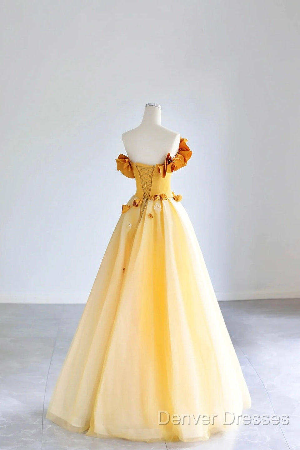 Yellow Tulle Applique Long Prom Dress, Off The Shoulder Sleeveless Backless Long Formal Evening Dress