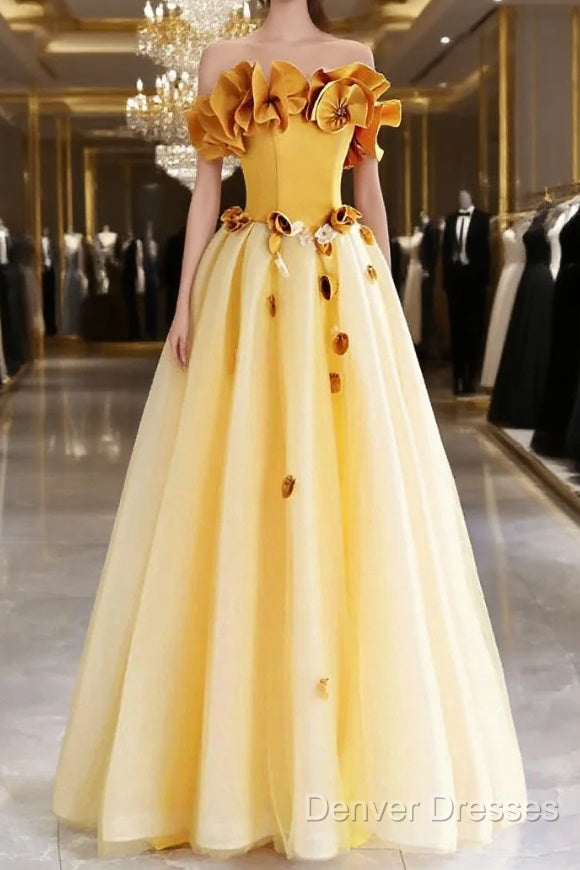 Yellow Tulle Applique Long Prom Dress, Off The Shoulder Sleeveless Backless Long Formal Evening Dress Main image