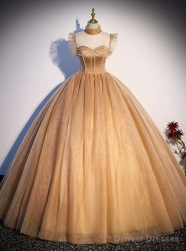 Yellow Tulle Beading See Through Neck Quinceanera Dress Main image
