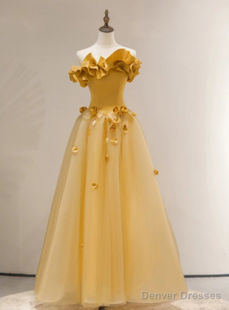 Yellow Tulle Flower Strapless Prom Dress Main image