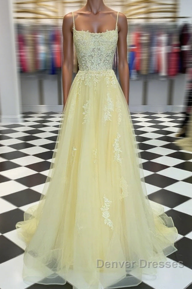 Yellow tulle lace long prom Dress yellow lace formal Dress Main image