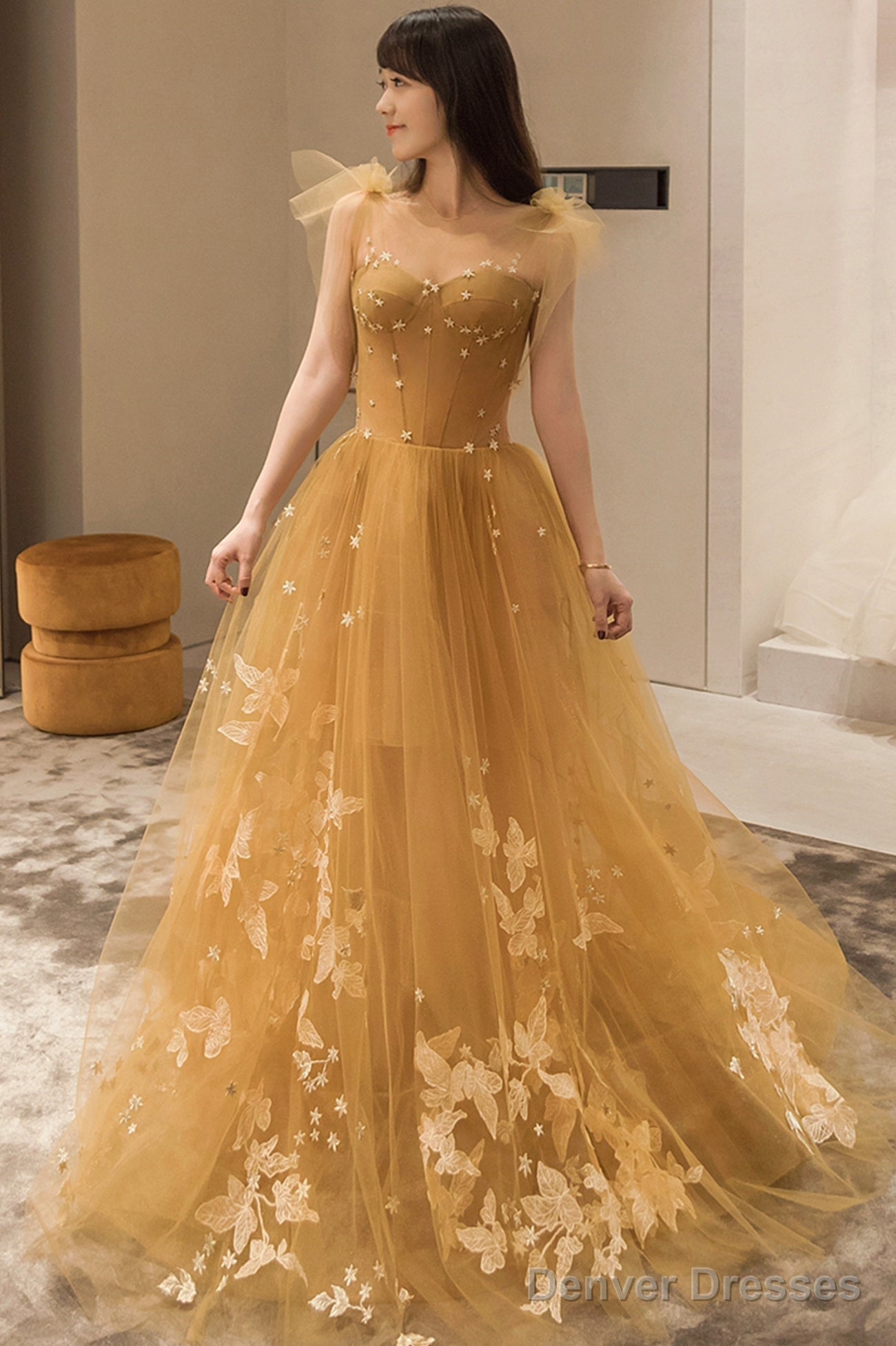 Yellow Tulle Lace Long Prom Dresses, A-Line Evening Gowns Main image