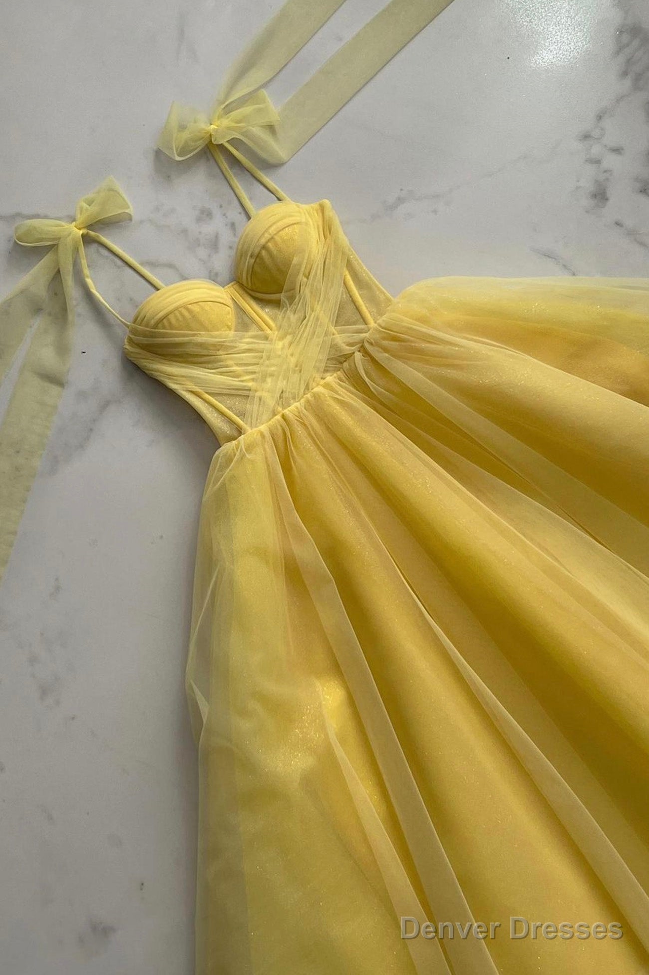 Yellow Tulle Long A-Line Evening Dress, Cute Spaghetti Strap Prom Dress Main image