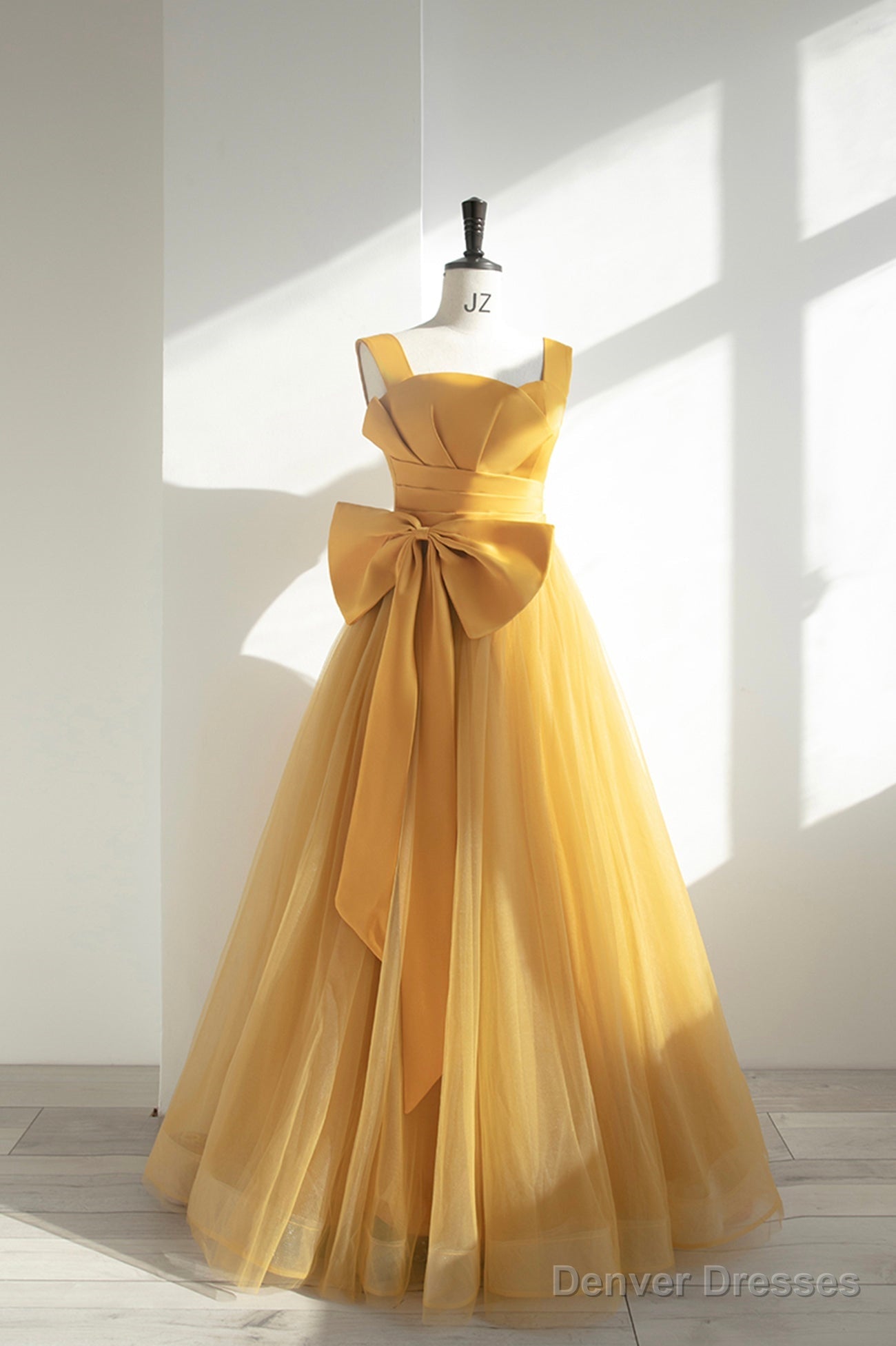 Yellow Tulle Long A-Line Prom Dress, Cute Evening Dress with Bow Main image