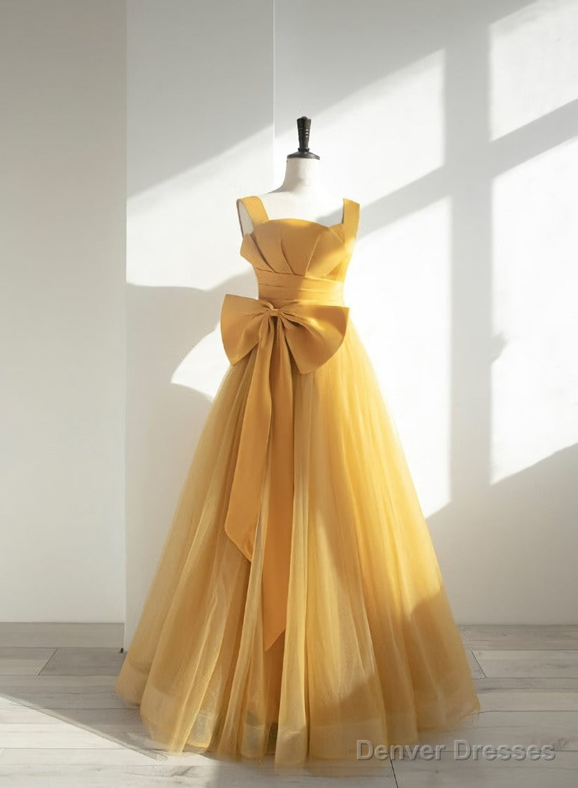 Yellow Tulle Long Party Dress with Bow, Yellow Prom Dress Evening Gown Main image