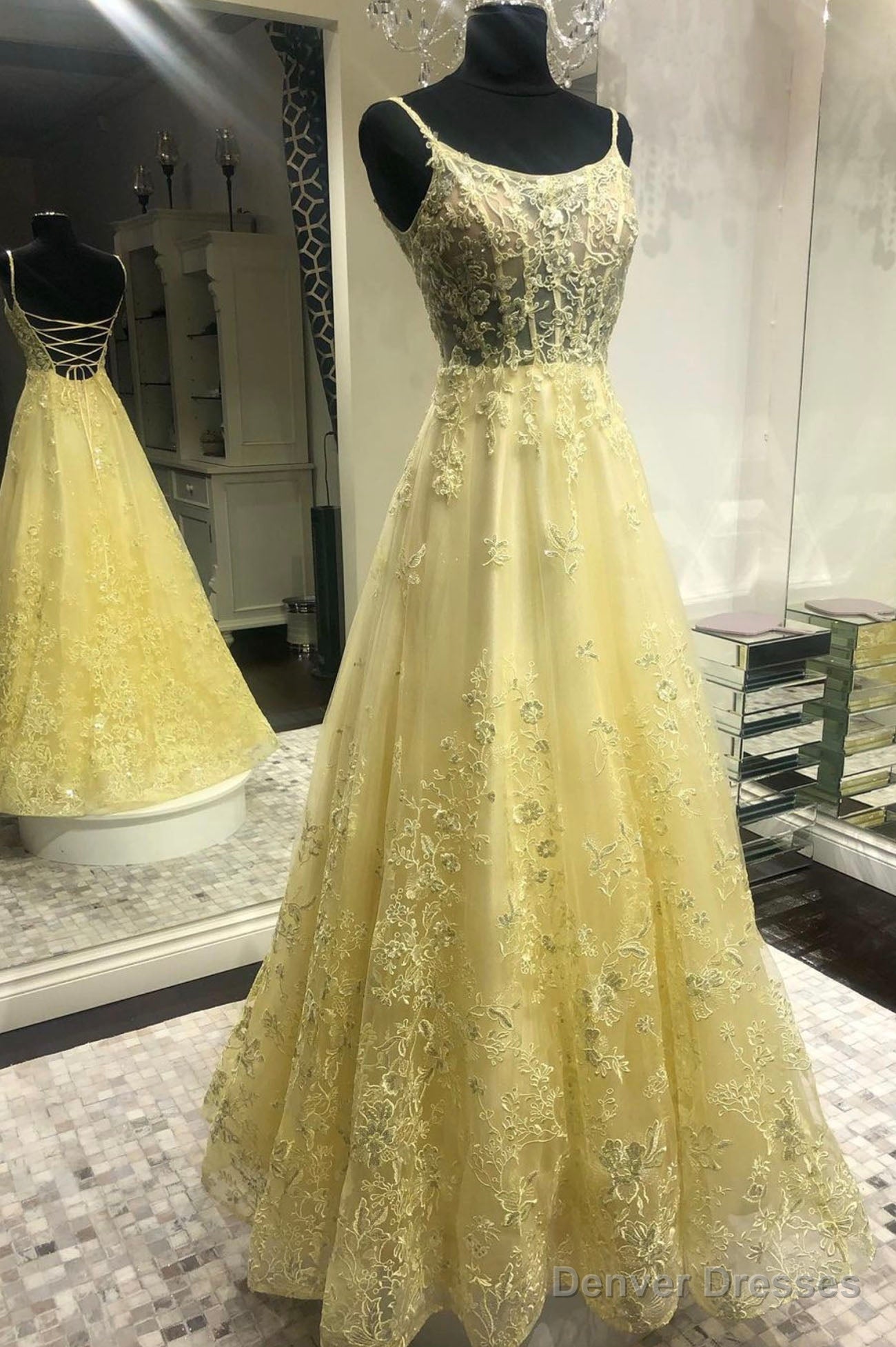 Yellow Tulle Long Prom Dress with Lace, A-Line Backless Party Dress Main image