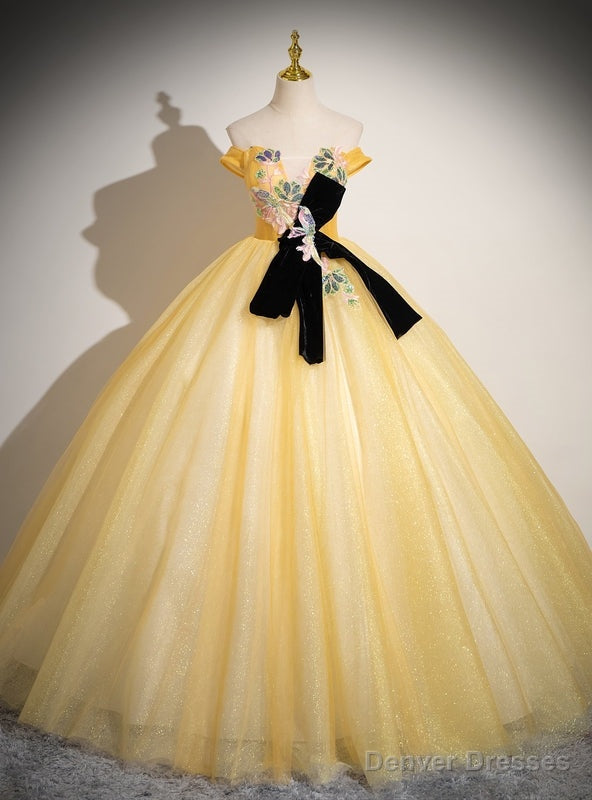 Yellow Tulle Off the Shoulder Appliques Quinceanera Dress Main image