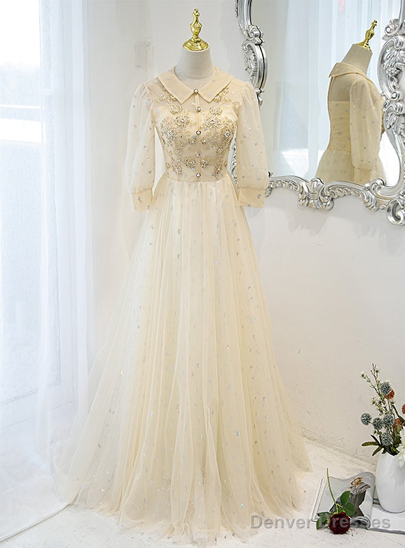 Yellow Tulle Sequins Beading Short Sleeve Prom Dress Main image