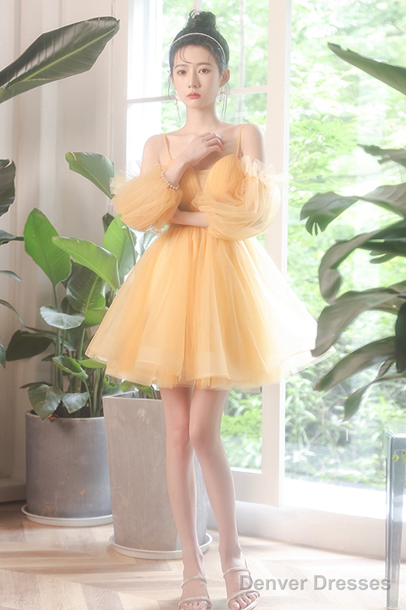 Yellow Tulle Short A-Line Prom Dress, Yellow Homecoming Party Dress Secondary image