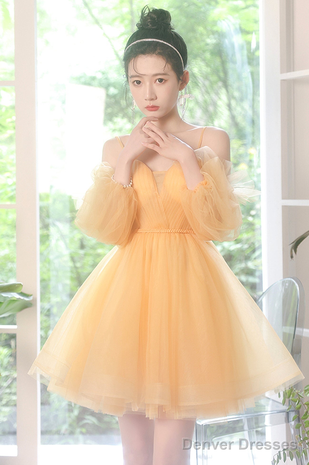 Yellow Tulle Short A-Line Prom Dress, Yellow Homecoming Party Dress Main image