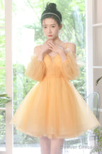 Yellow Tulle Short A-Line Prom Dress, Yellow Homecoming Party Dress