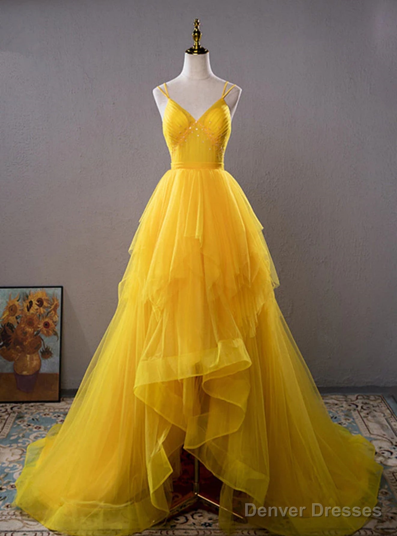 Yellow Tulle Spaghetti Straps Pleats Beading Prom Dress Main image