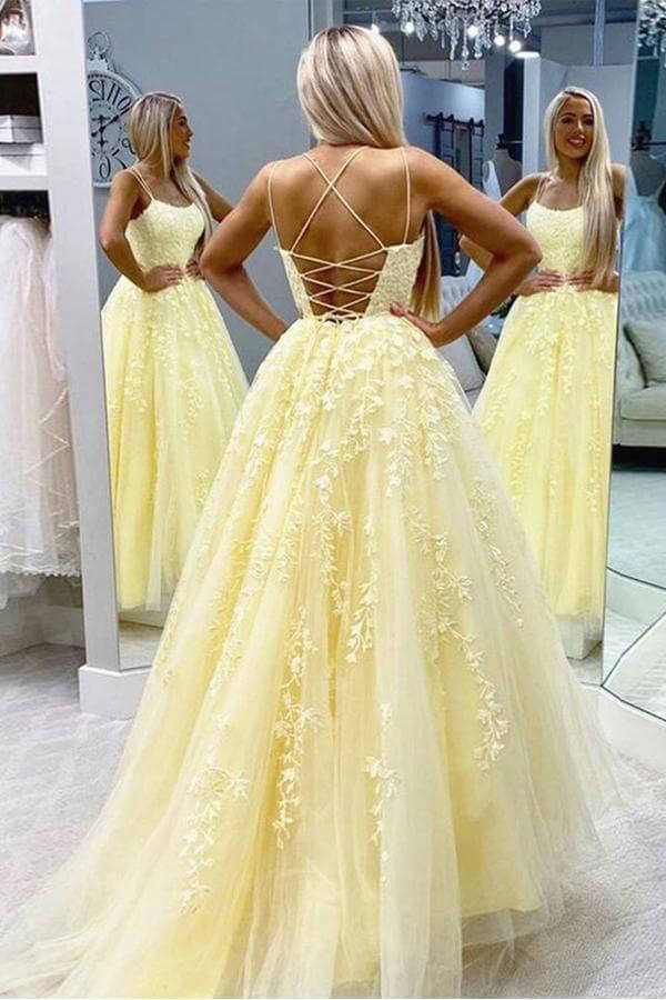 Yellow Tulle Spaghetti Straps Scoop A-Line Prom Dress With Appliques Secondary image
