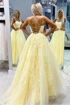 Yellow Tulle Spaghetti Straps Scoop A-Line Prom Dress With Appliques