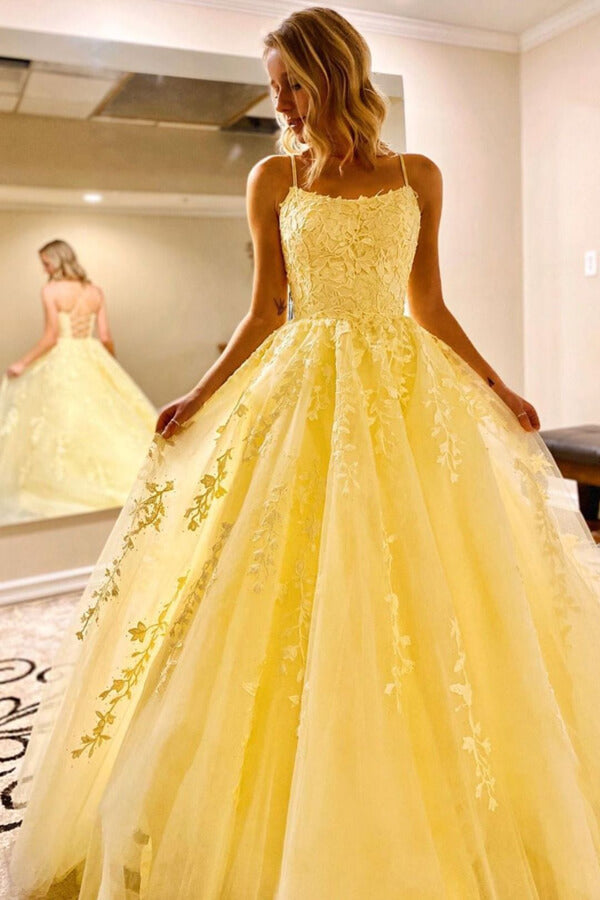 Yellow Tulle Spaghetti Straps Scoop A-Line Prom Dress With Appliques